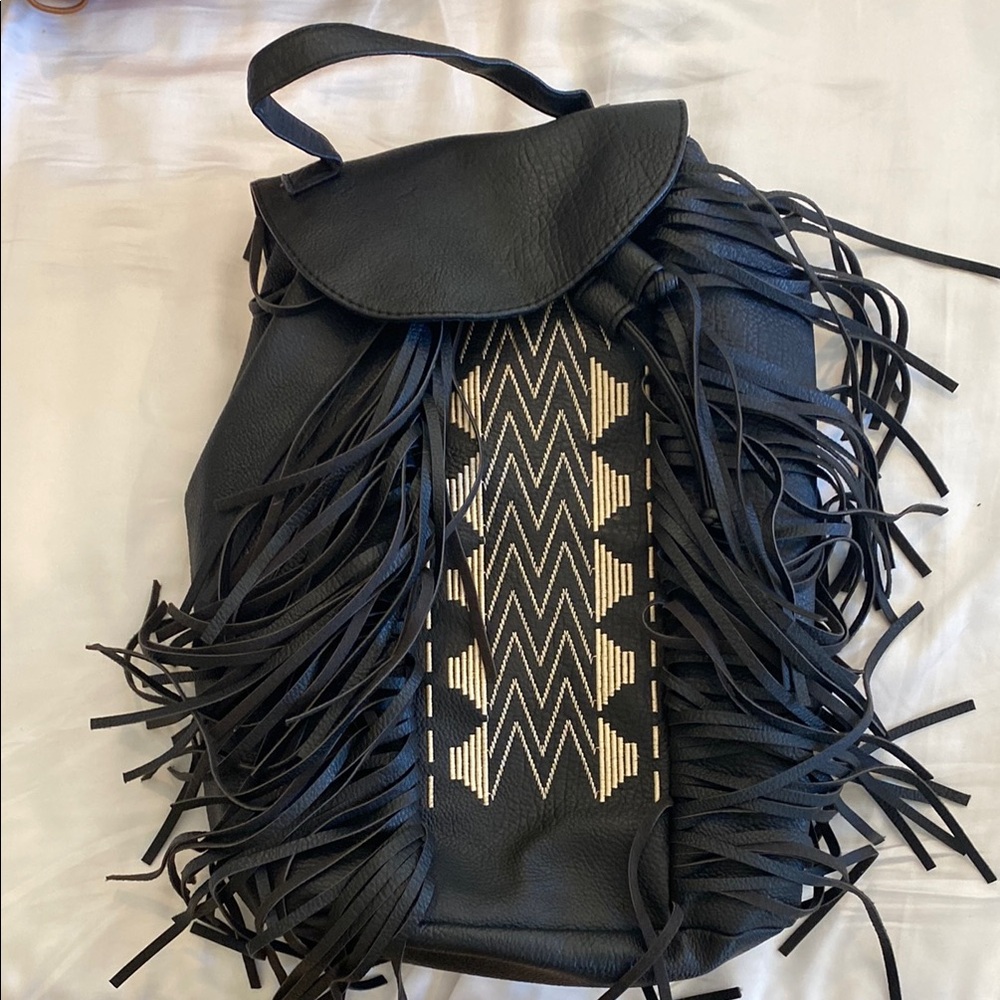 Mossimo Supply Co Black Backpack with Fringe and Geometric Design